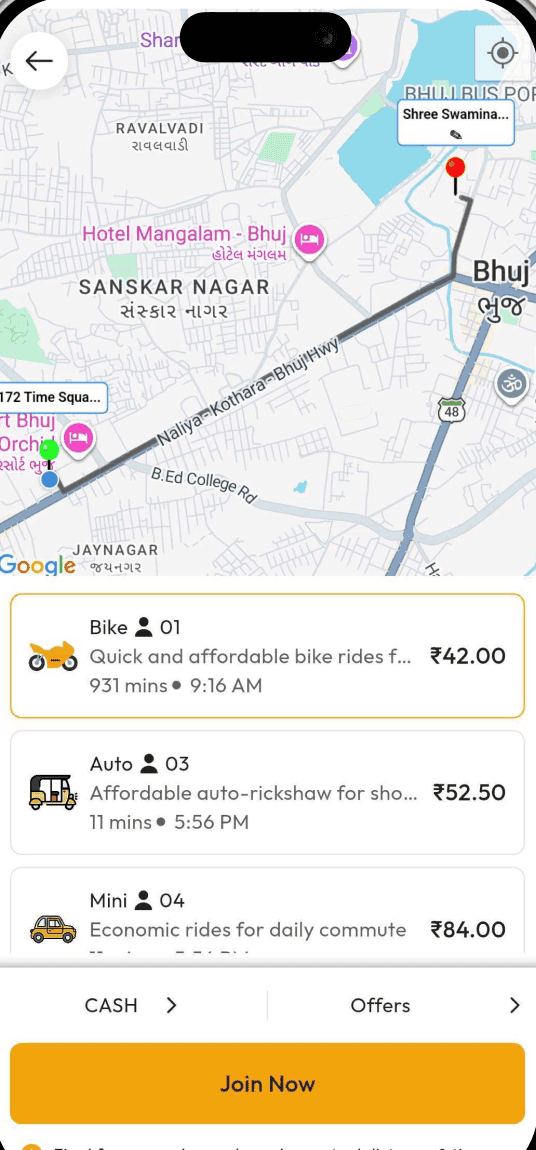 eTaxi Customer App choosing between Bike, Auto and Mini rides